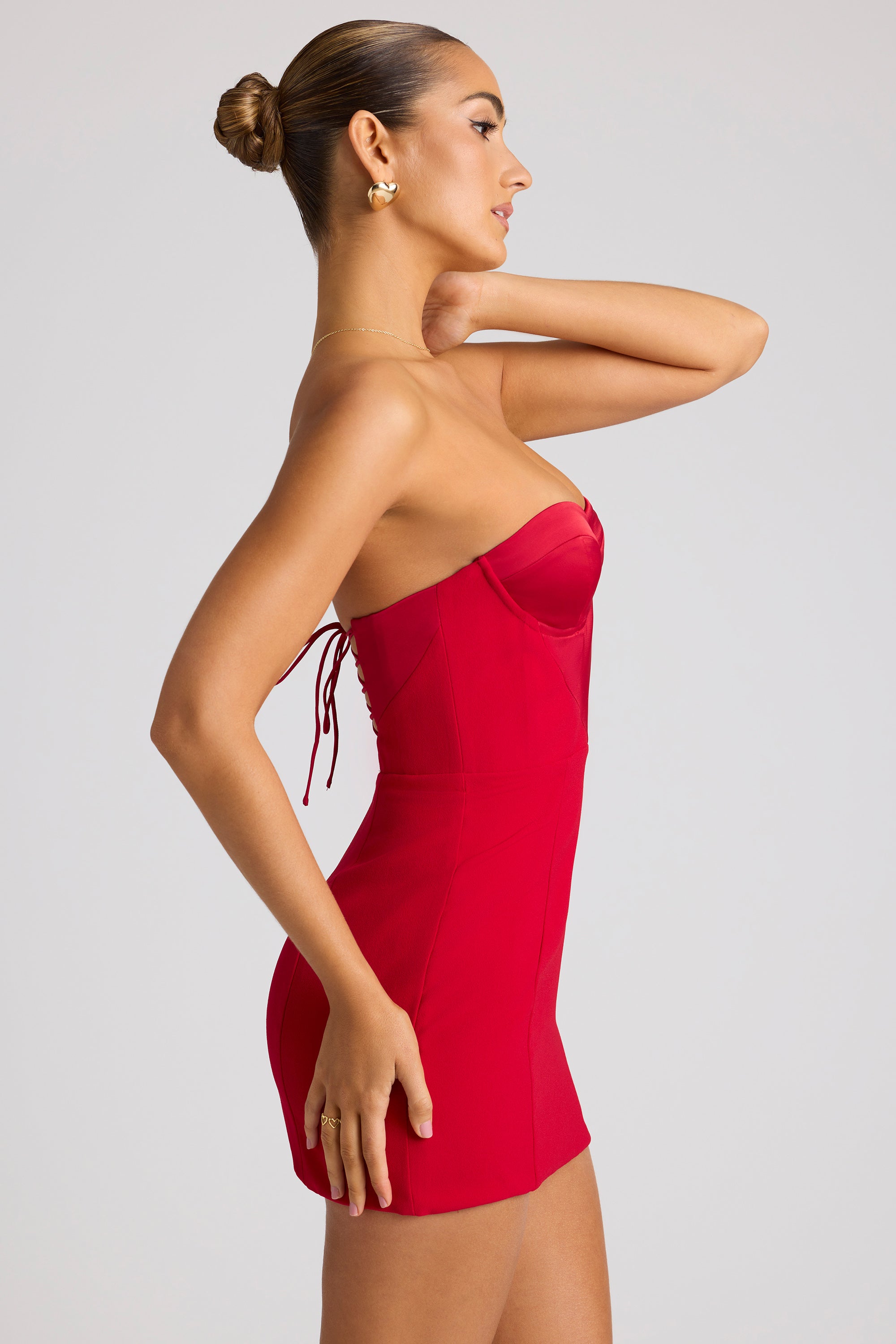 red strapless mini dress